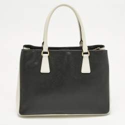 Pre Owned Prada Black/White Saffiano Leather Medium Open Tote