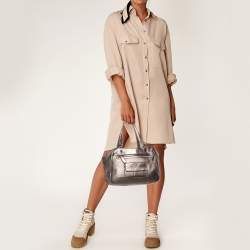 Pre Owned Prada Metallic Grey Leather Vitello Daino Front Pocket Shoulder Bag