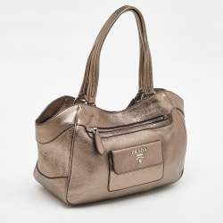 Pre Owned Prada Metallic Grey Leather Vitello Daino Front Pocket Shoulder Bag