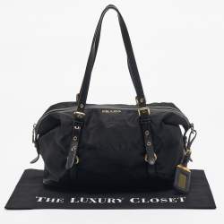 Pre Owned Prada Black Leather and Nylon Logo Buckle Satchel