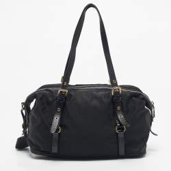 Pre Owned Prada Black Leather and Nylon Logo Buckle Satchel
