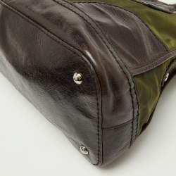 Pre Owned Prada Olive Green/Dark Brown Nylon and Leather Bauletto Bowler Bag