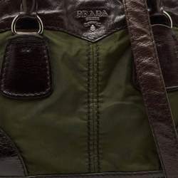 Pre Owned Prada Olive Green/Dark Brown Nylon and Leather Bauletto Bowler Bag