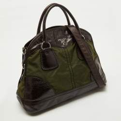 Pre Owned Prada Olive Green/Dark Brown Nylon and Leather Bauletto Bowler Bag