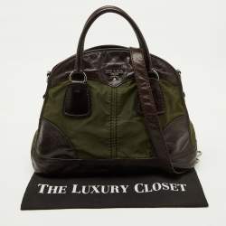 Pre Owned Prada Olive Green/Dark Brown Nylon and Leather Bauletto Bowler Bag