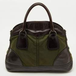 Pre Owned Prada Olive Green/Dark Brown Nylon and Leather Bauletto Bowler Bag