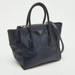 Pre Owned Prada Navy Blue Leather Small Twin Pocket Tote