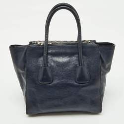Pre Owned Prada Navy Blue Leather Small Twin Pocket Tote