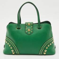 Pre Owned Prada Green Saffiano Leather Promenade Studded Satchel