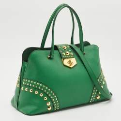Pre Owned Prada Green Saffiano Leather Promenade Studded Satchel