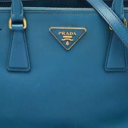Pre Owned Prada Light Blue Saffiano Lux Leather Small Galleria Double Zip Tote