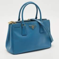 Pre Owned Prada Light Blue Saffiano Lux Leather Small Galleria Double Zip Tote
