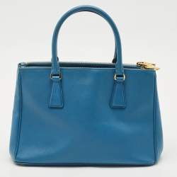Pre Owned Prada Light Blue Saffiano Lux Leather Small Galleria Double Zip Tote