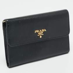 Pre Owned Prada Black Saffiano Lux Leather Logo Trifold Wallet