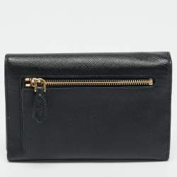 Pre Owned Prada Black Saffiano Lux Leather Logo Trifold Wallet