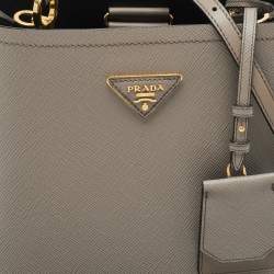 Pre Owned Prada Grey Saffiano Cuir Leather Medium Panier Top Handle Bag