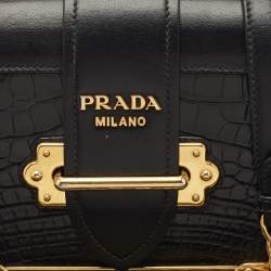 Pre Owned Prada Black Crocodile and Leather Cahier Chain Clutch