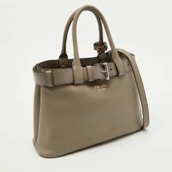 Pre Owned Prada Clay Grey Leather Small Buckle Detail Tote