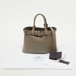 Pre Owned Prada Clay Grey Leather Small Buckle Detail Tote