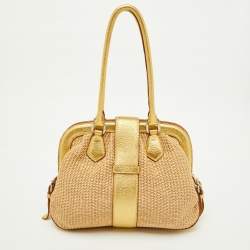 Pre Owned Prada Beige/Gold Woven Raffia and Leather Satchel