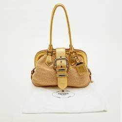 Pre Owned Prada Beige/Gold Woven Raffia and Leather Satchel
