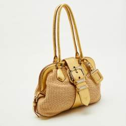 Pre Owned Prada Beige/Gold Woven Raffia and Leather Satchel