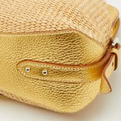 Pre Owned Prada Beige/Gold Woven Raffia and Leather Satchel