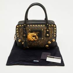 Pre Owned Prada Black Saffiano Leather Embellished Bauletto Bag