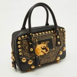 Pre Owned Prada Black Saffiano Leather Embellished Bauletto Bag