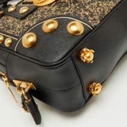 Pre Owned Prada Black Saffiano Leather Embellished Bauletto Bag