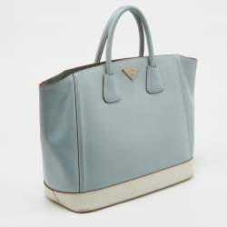 Pre Owned Prada Light Blue/White Saffiano Lux Leather Large Shopper Tote