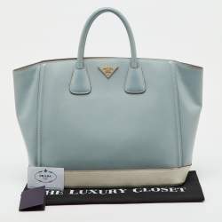 Pre Owned Prada Light Blue/White Saffiano Lux Leather Large Shopper Tote