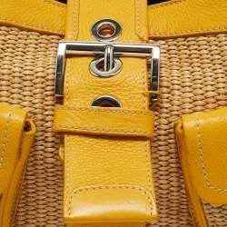 Pre Owned Prada Yellow/Natural Raffia and Leather Front Pocket Satchel