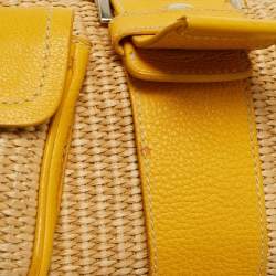 Pre Owned Prada Yellow/Natural Raffia and Leather Front Pocket Satchel