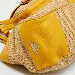 Pre Owned Prada Yellow/Natural Raffia and Leather Front Pocket Satchel