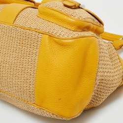 Pre Owned Prada Yellow/Natural Raffia and Leather Front Pocket Satchel