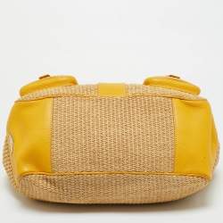 Pre Owned Prada Yellow/Natural Raffia and Leather Front Pocket Satchel