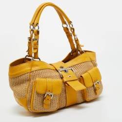Pre Owned Prada Yellow/Natural Raffia and Leather Front Pocket Satchel