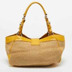Pre Owned Prada Yellow/Natural Raffia and Leather Front Pocket Satchel