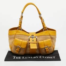 Pre Owned Prada Yellow/Natural Raffia and Leather Front Pocket Satchel