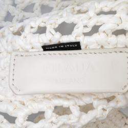Pre Owned Prada White Raffia Effect Crochet Logo Embroidered Tote