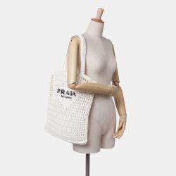 Pre Owned Prada White Raffia Effect Crochet Logo Embroidered Tote