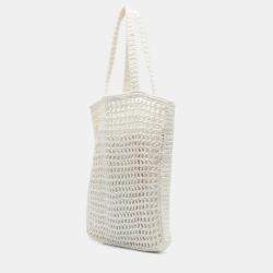 Pre Owned Prada White Raffia Effect Crochet Logo Embroidered Tote