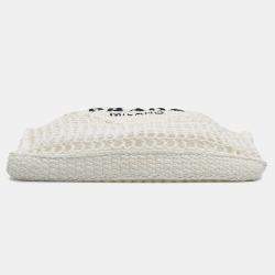 Pre Owned Prada White Raffia Effect Crochet Logo Embroidered Tote