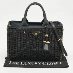 Pre Owned Prada Black Wicker and Canvas Large Midollino Tote