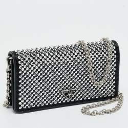 Pre Owned Prada Black Satin Crystal Embellished Wallet on Chain