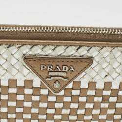 Pre Owned Prada Silver/Gold Woven Madras Leather Zip Continental Wallet