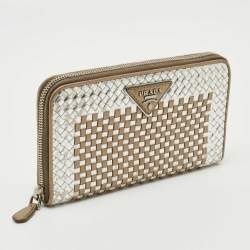 Pre Owned Prada Silver/Gold Woven Madras Leather Zip Continental Wallet