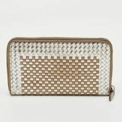 Pre Owned Prada Silver/Gold Woven Madras Leather Zip Continental Wallet