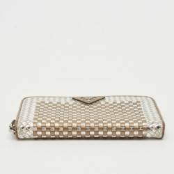 Pre Owned Prada Silver/Gold Woven Madras Leather Zip Continental Wallet